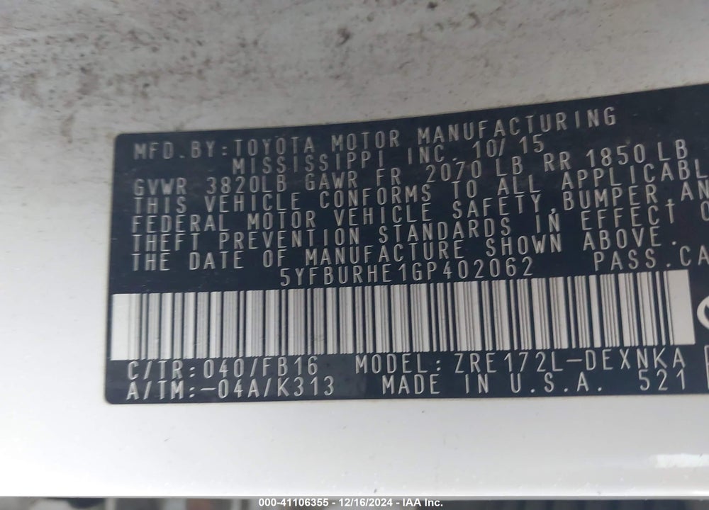 2016 TOYOTA COROLLA LE VIN: 5YFBURHE1GP402062