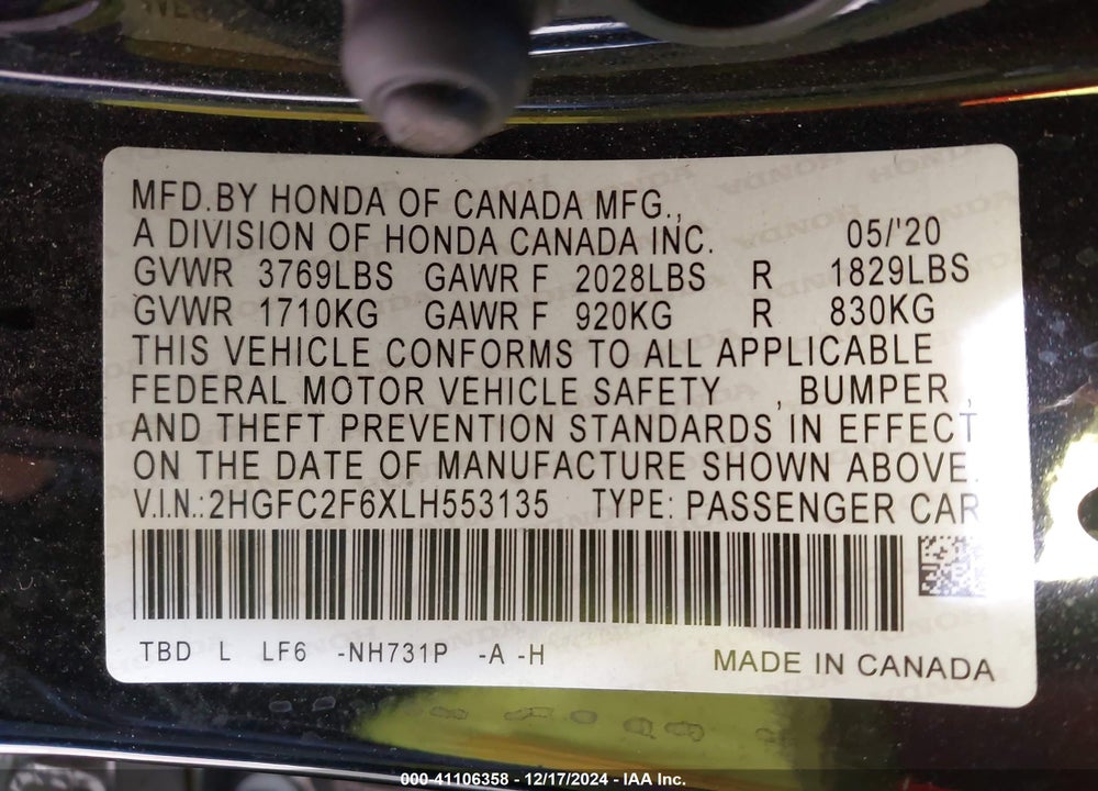 2020 HONDA CIVIC VIN: 2HGFC2F6XLH553135