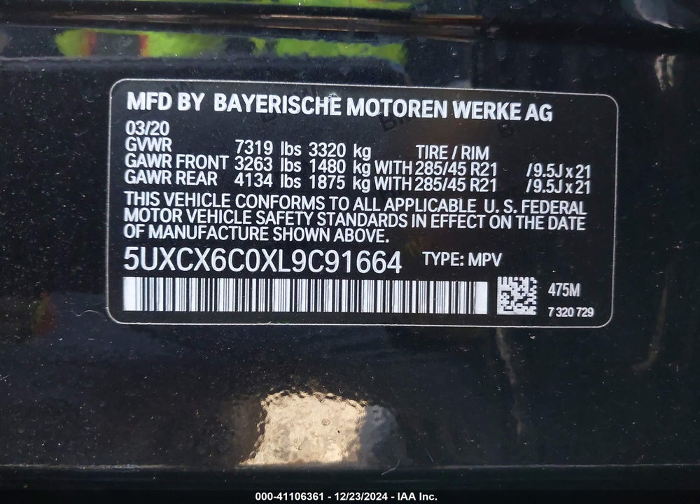 2020 BMW X7 M50I VIN: 5UXCX6C0XL9C91664