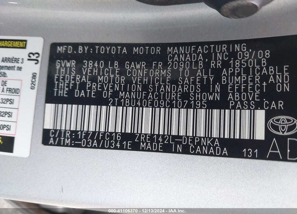 2009 TOYOTA COROLLA XLE VIN: 2T1BU40E09C107195