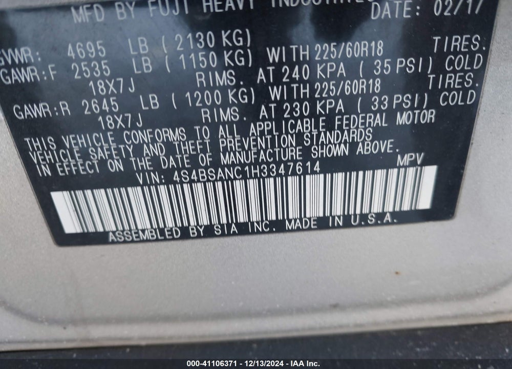 2017 SUBARU OUTBACK 2.5I LIMITED VIN: 4S4BSANC1H3347614