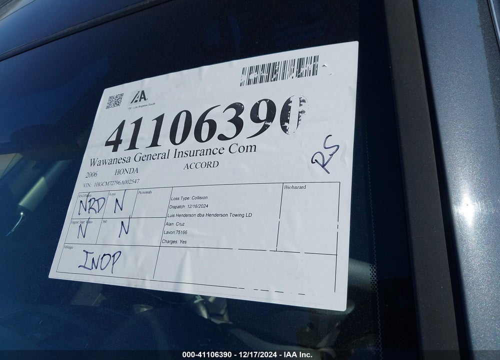 2006 HONDA ACCORD 2.4 EX VIN: 1HGCM72796A002547