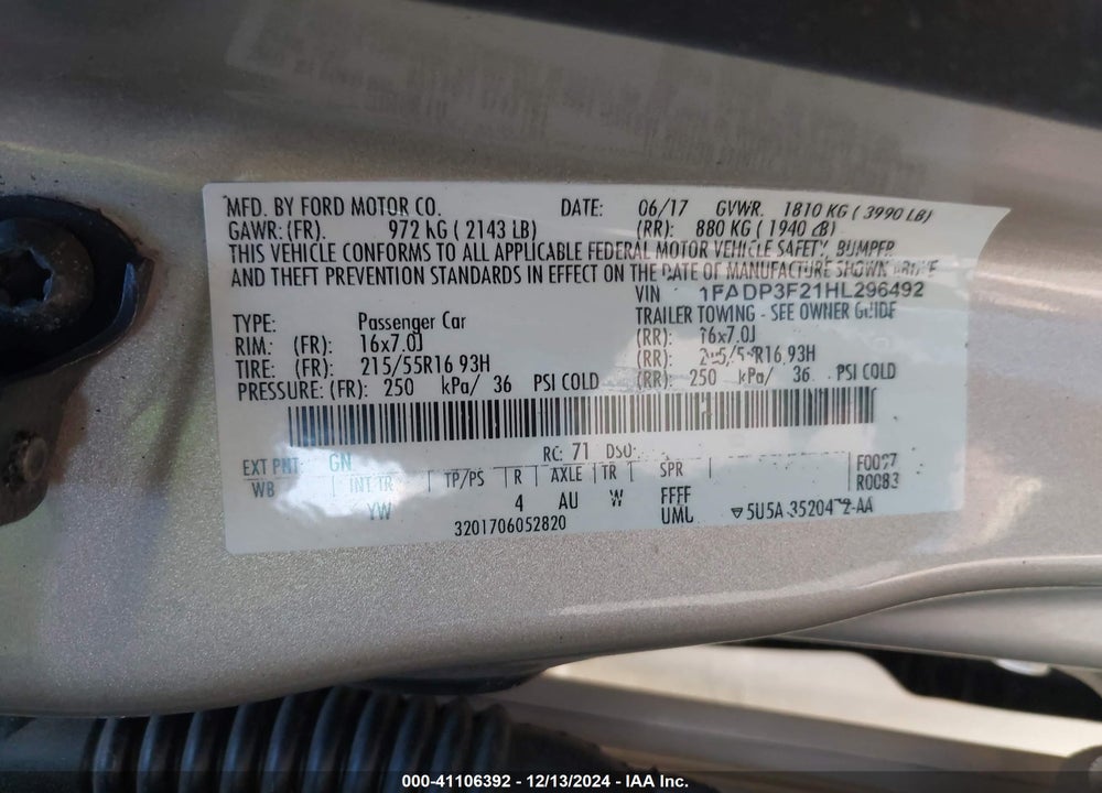 2017 FORD FOCUS SE VIN: 1FADP3F21HL296492