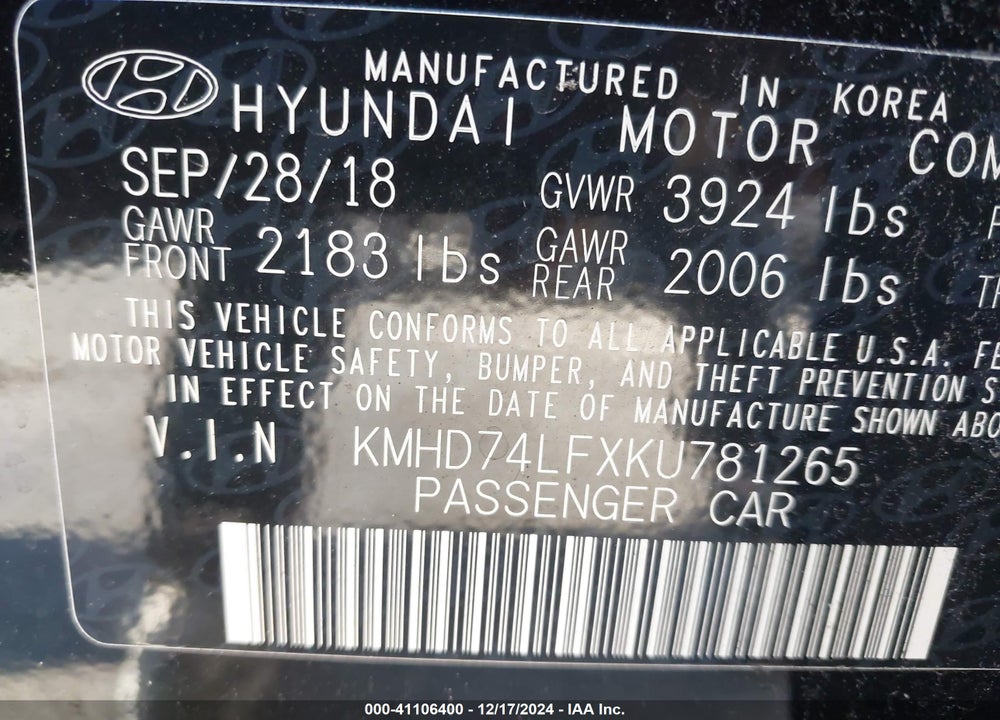 2019 HYUNDAI ELANTRA SE VIN: KMHD74LFXKU781265