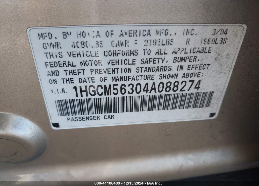 2004 HONDA ACCORD 2.4 LX VIN: 1HGCM56304A088274