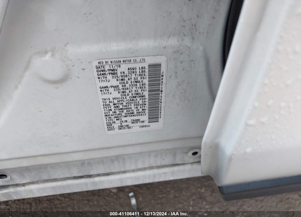 2019 NISSAN ROGUE SV VIN: JN8AT2MT5KW255923