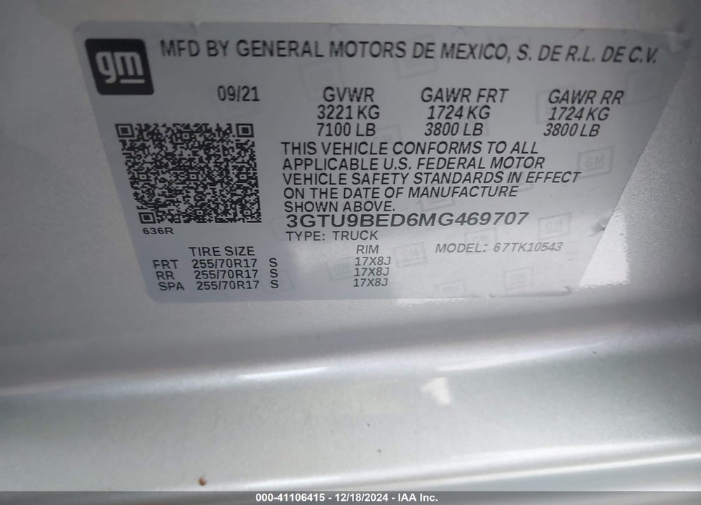 2021 GMC SIERRA 1500 VIN: 3GTU9BED6MG469707