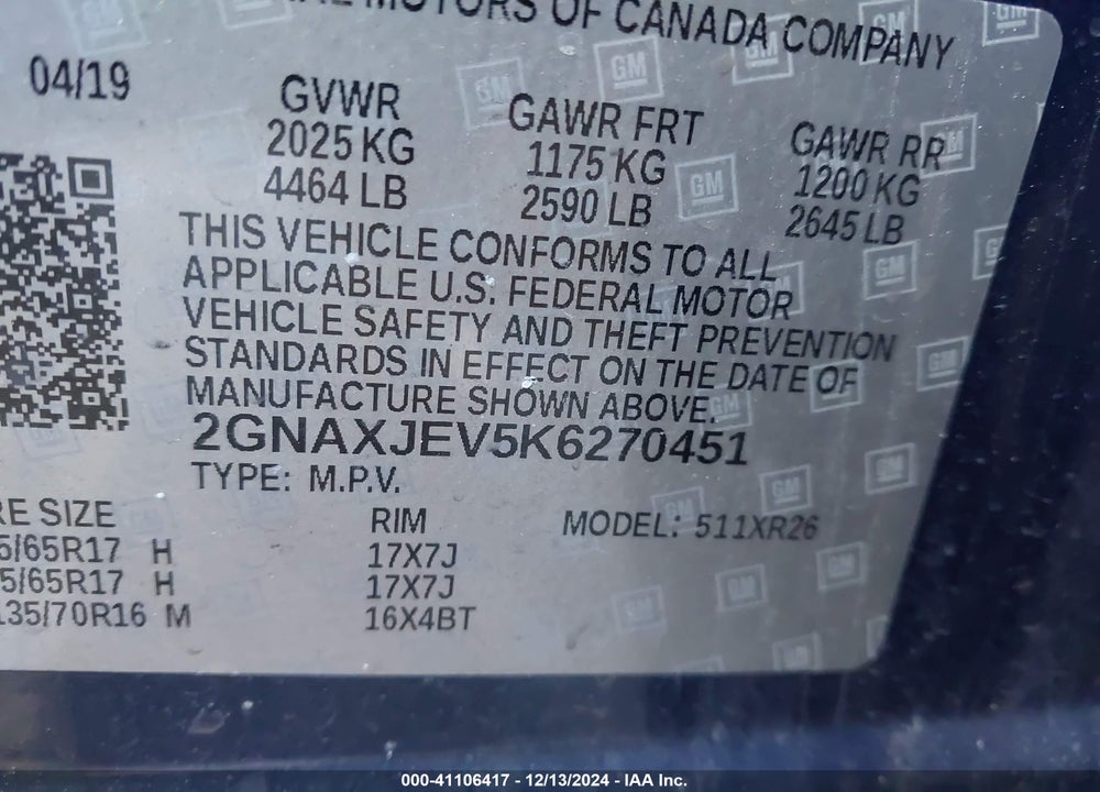 2019 CHEVROLET EQUINOX LT VIN: 2GNAXJEV5K6270451