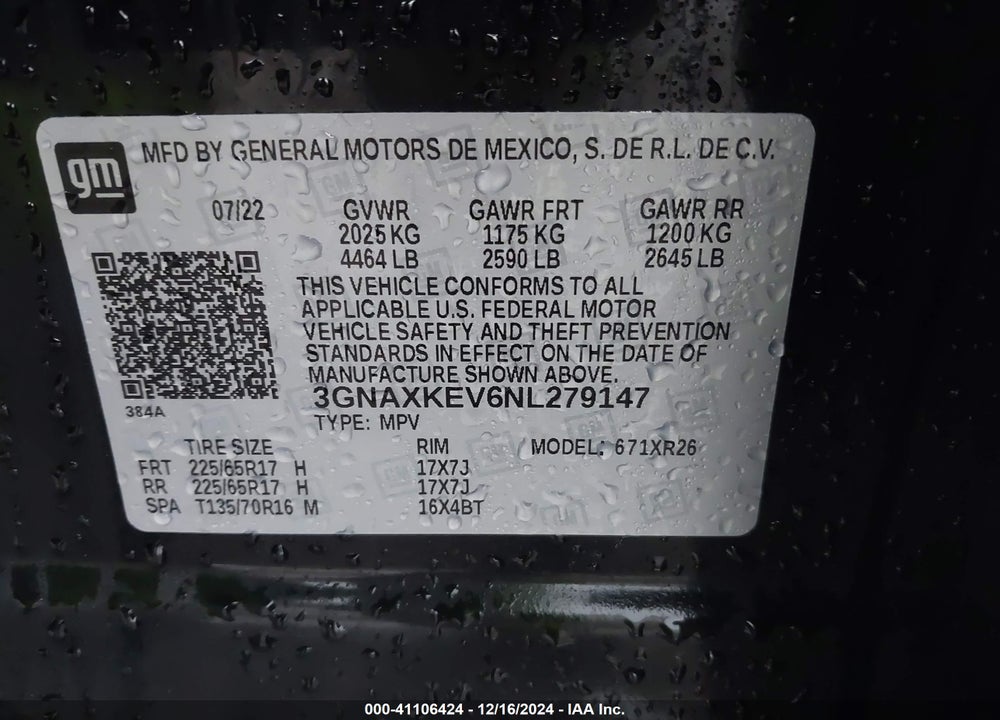 2022 CHEVROLET EQUINOX FWD LT VIN: 3GNAXKEV6NL279147