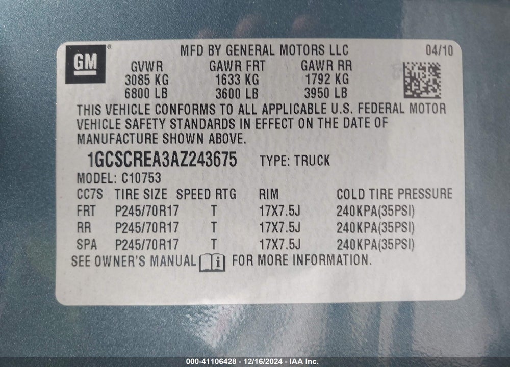 2010 CHEVROLET SILVERADO 1500 VIN: 1GCSCREA3AZ243675