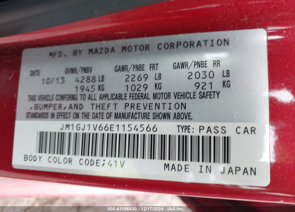 2014 MAZDA 6 I TOURING VIN: JM1GJ1V66E1154566
