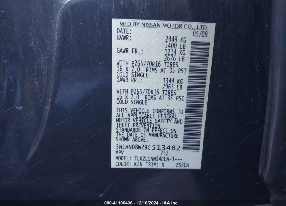 2009 NISSAN XTERRA X VIN: 5N1AN08W29C513482