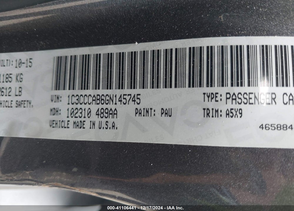 2016 CHRYSLER 200 LIMITED VIN: 1C3CCCAB6GN145745