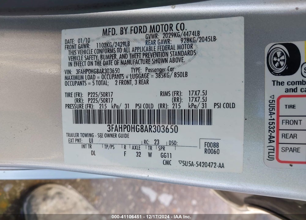 2010 FORD FUSION VIN: 3FAHP0HG8AR303650