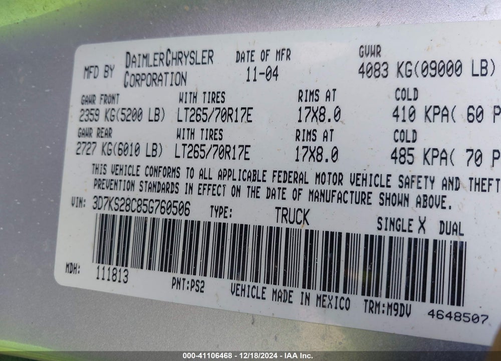 2005 DODGE RAM 2500 SLT/LARAMIE VIN: 3D7KS28C85G760506