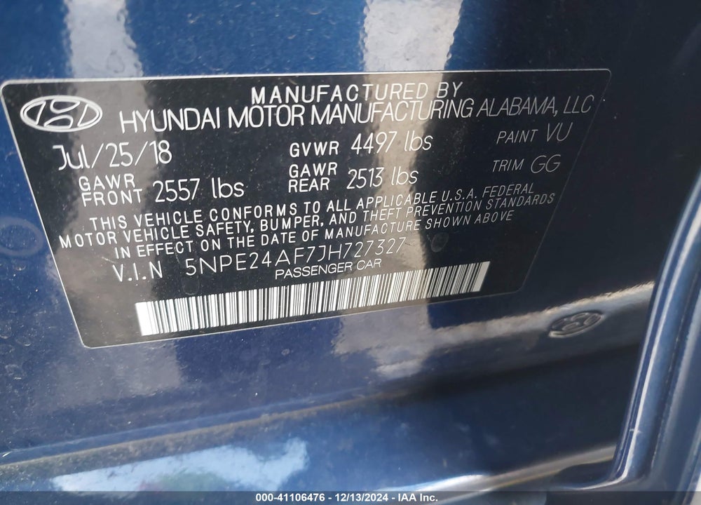 2018 HYUNDAI SONATA SE VIN: 5NPE24AF7JH727327
