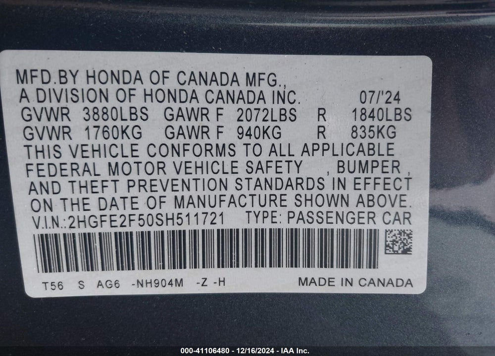 2025 HONDA CIVIC SPORT VIN: 2HGFE2F50SH511721