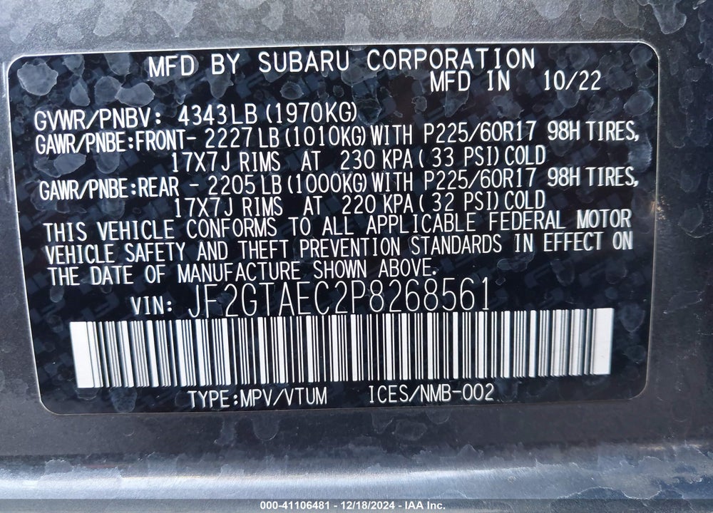 2023 SUBARU CROSSTREK PREMIUM VIN: JF2GTAEC2P8268561
