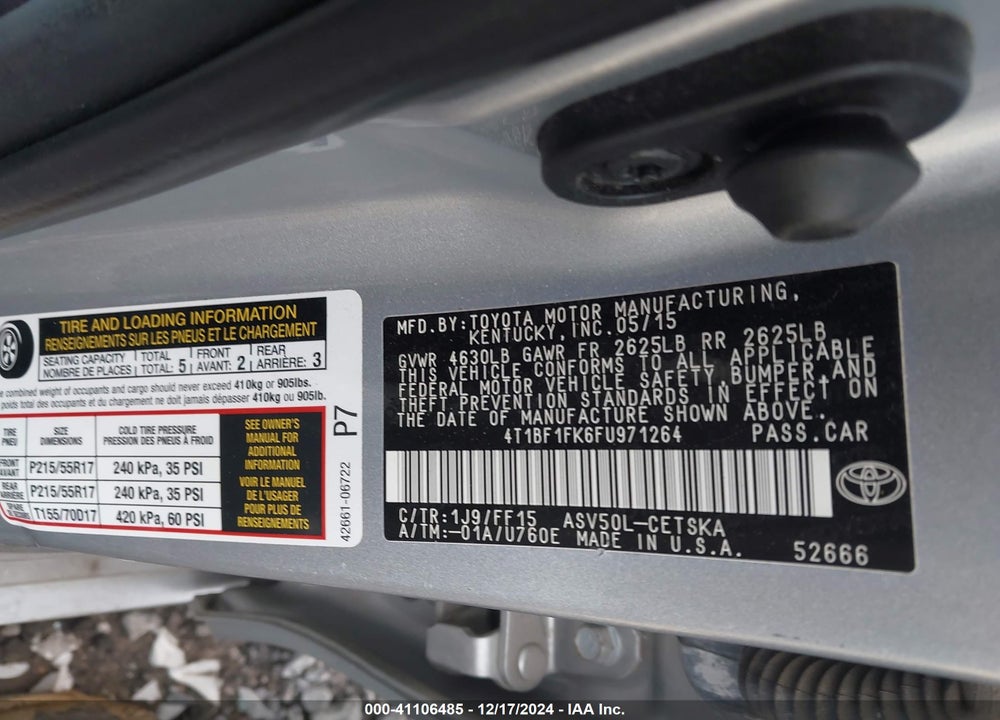 2015 TOYOTA CAMRY SE VIN: 4T1BF1FK6FU971264