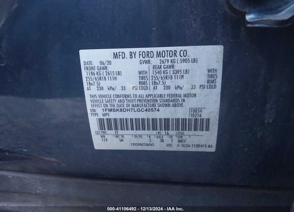 2020 FORD EXPLORER XLT VIN: 1FMSK8DH7LGC40574