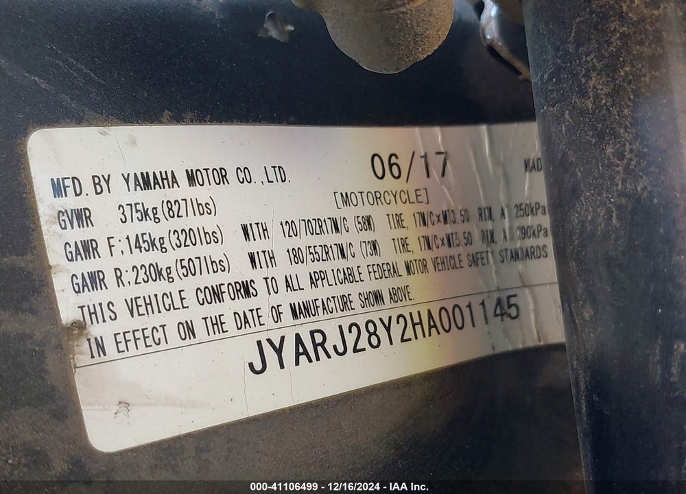 2017 YAMAHA YZFR6 C VIN: JYARJ28Y2HA001145