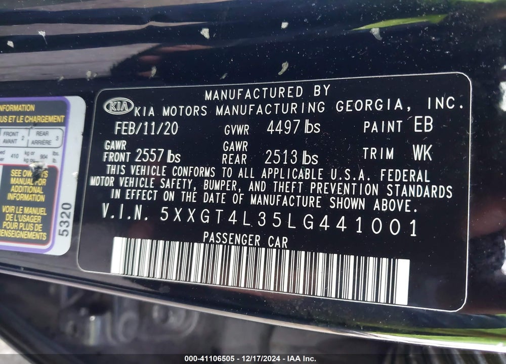 2020 KIA OPTIMA VIN: 5XXGT4L35LG441001