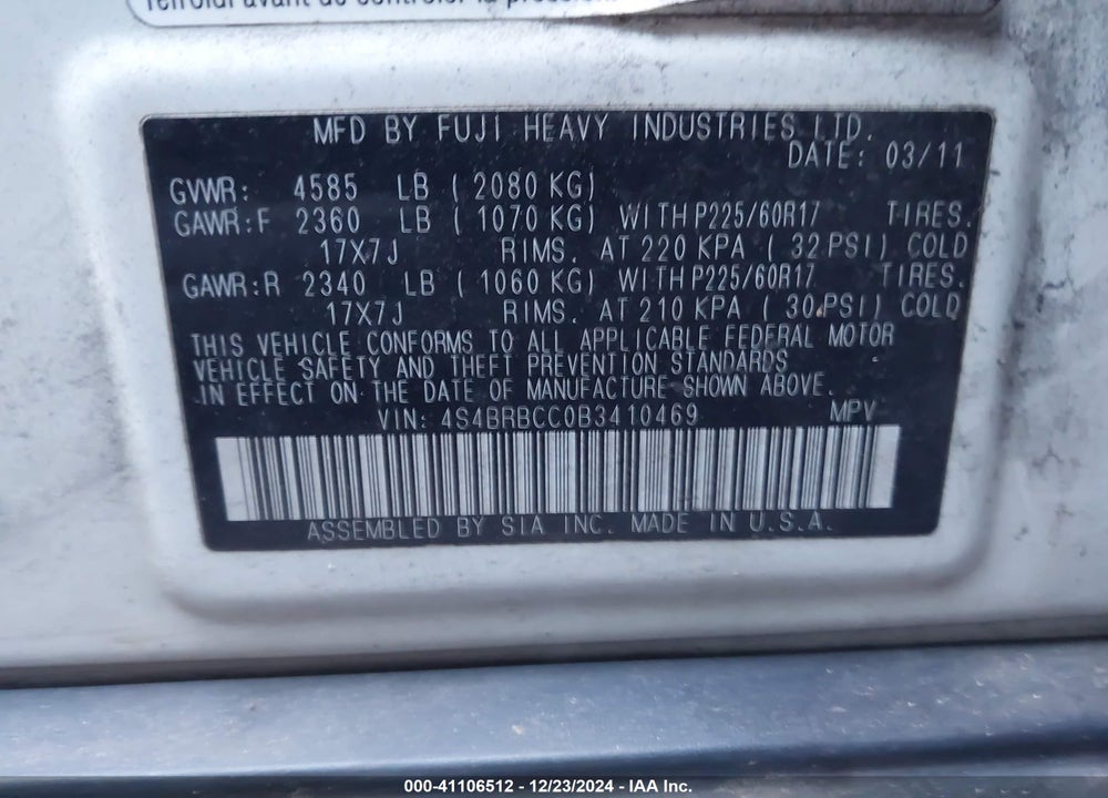 2011 SUBARU OUTBACK VIN: 4S4BRBCC0B3410469