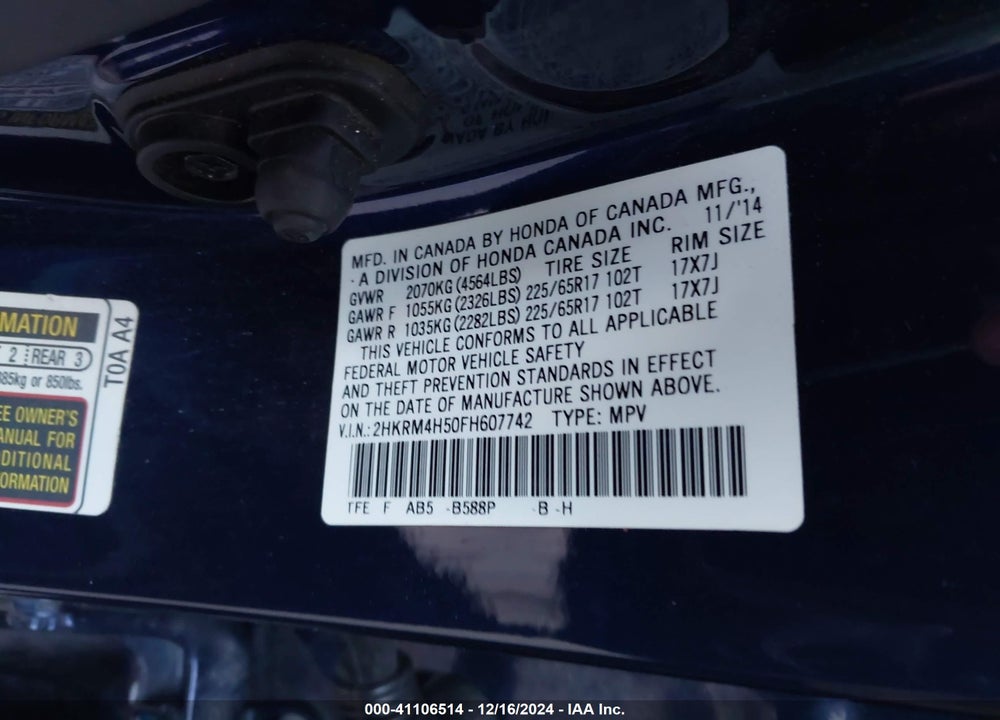 2015 HONDA CR-V EX VIN: 2HKRM4H50FH607742