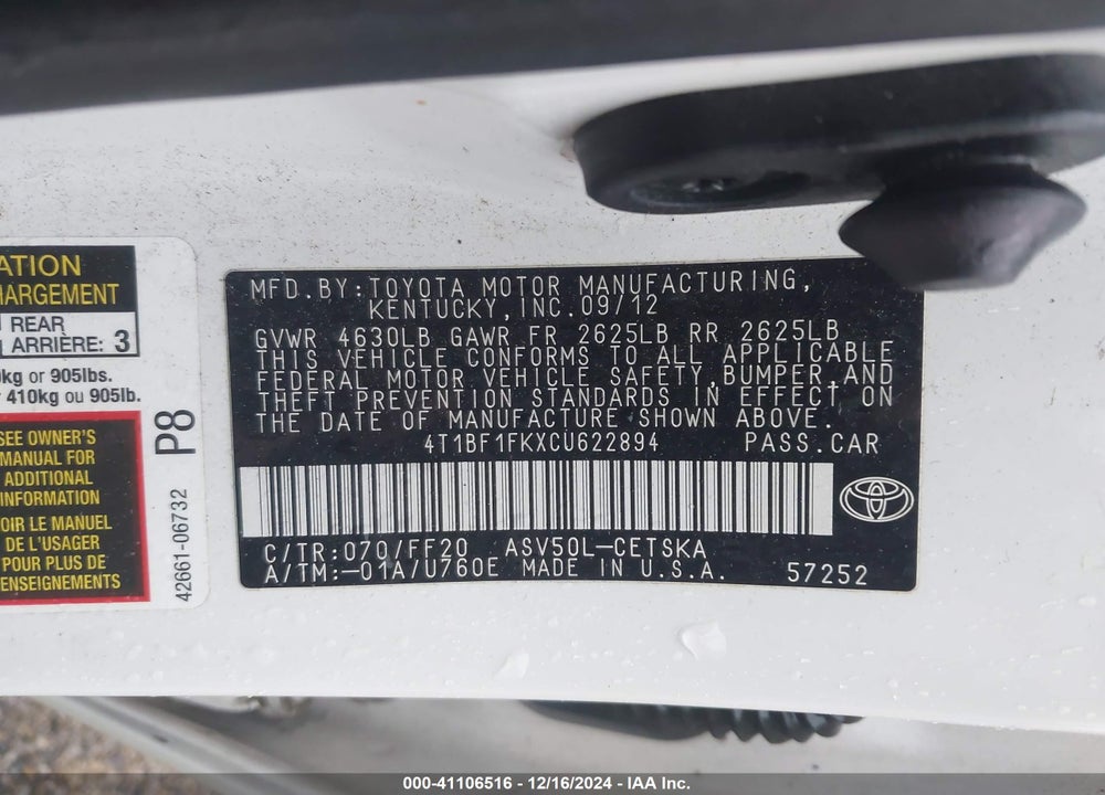 2012 TOYOTA CAMRY SE LIMITED EDITION VIN: 4T1BF1FKXCU622894