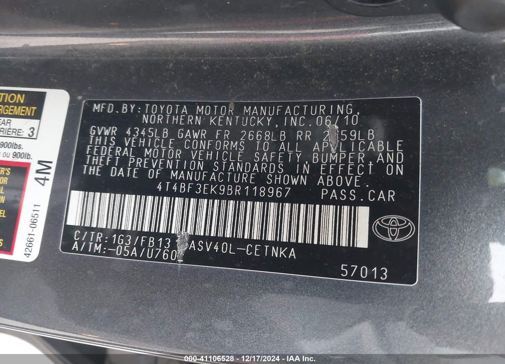 2011 TOYOTA CAMRY LE VIN: 4T4BF3EK9BR118967