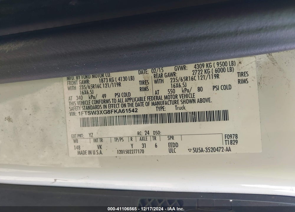 2015 FORD TRANSIT-350 VIN: 1FTSW3XG8FKA61542