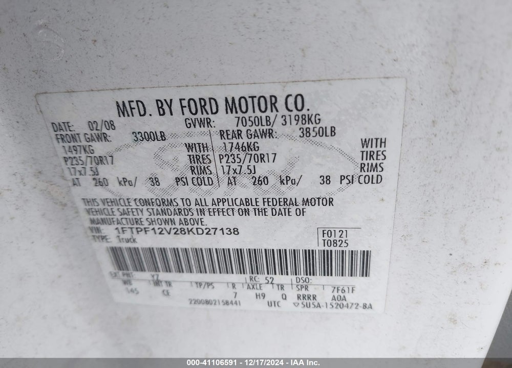 2008 FORD F-150 VIN: 1FTPF12V28KD27138