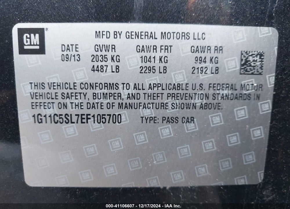 2014 CHEVROLET MALIBU 1LT VIN: 1G11C5SL7EF105700