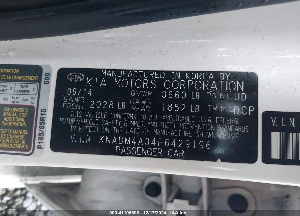 2015 KIA RIO VIN: KNADM4A34F6429196