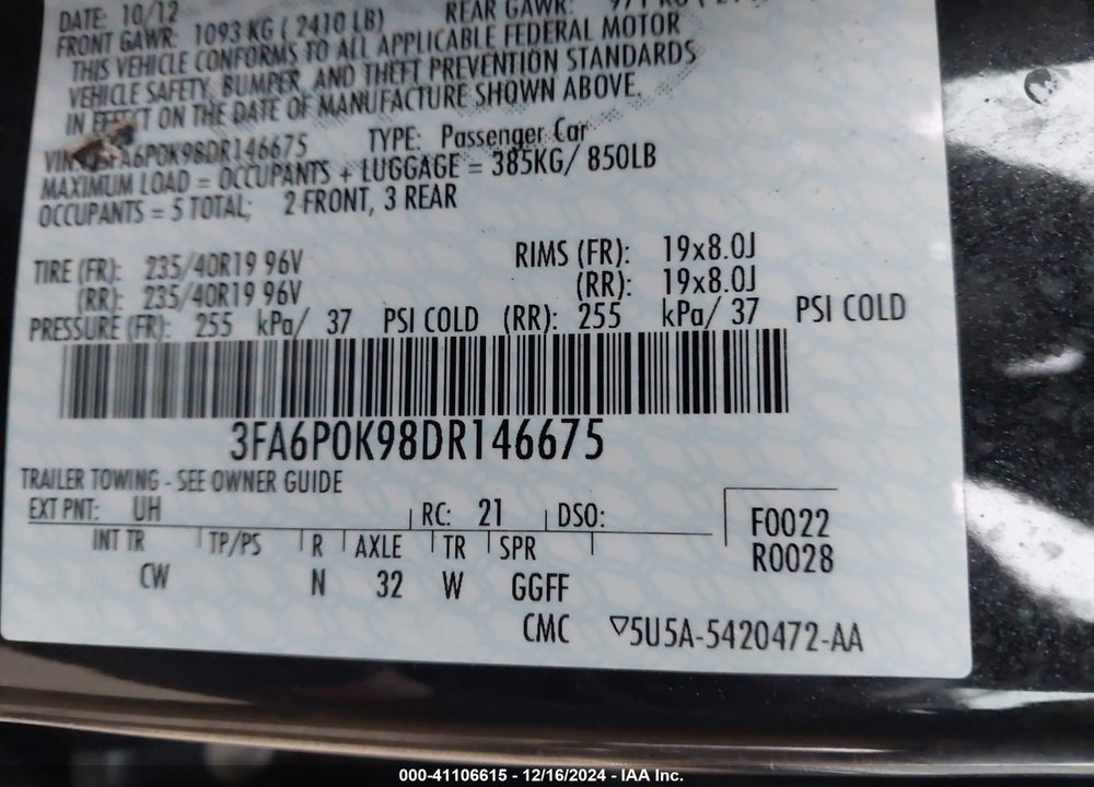 2013 FORD FUSION TITANIUM VIN: 3FA6P0K98DR146675