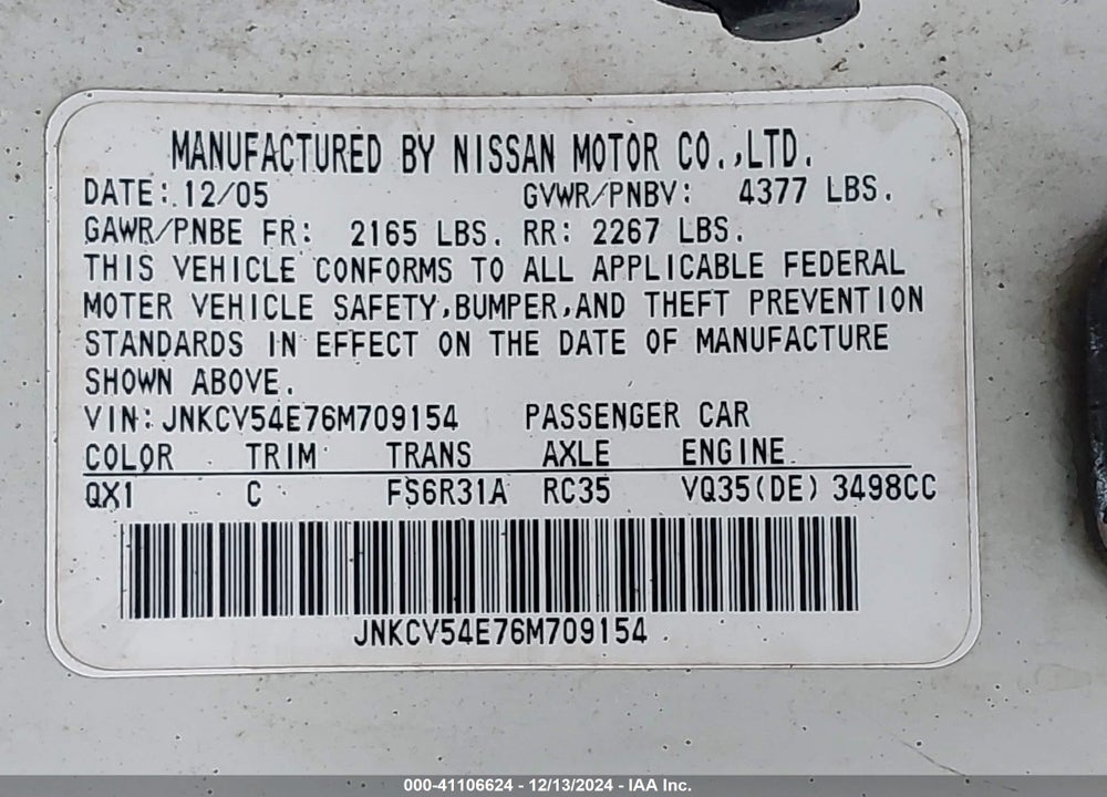 2006 INFINITI G35 VIN: JNKCV54E76M709154