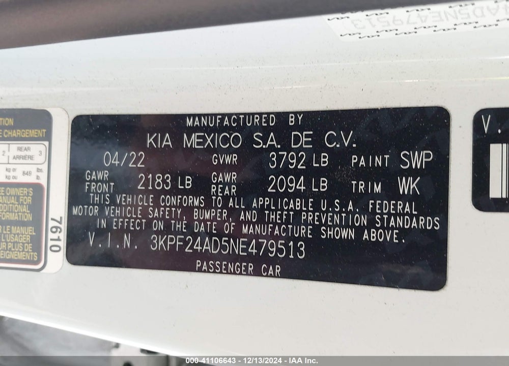 2022 KIA FORTE LXS VIN: 3KPF24AD5NE479513