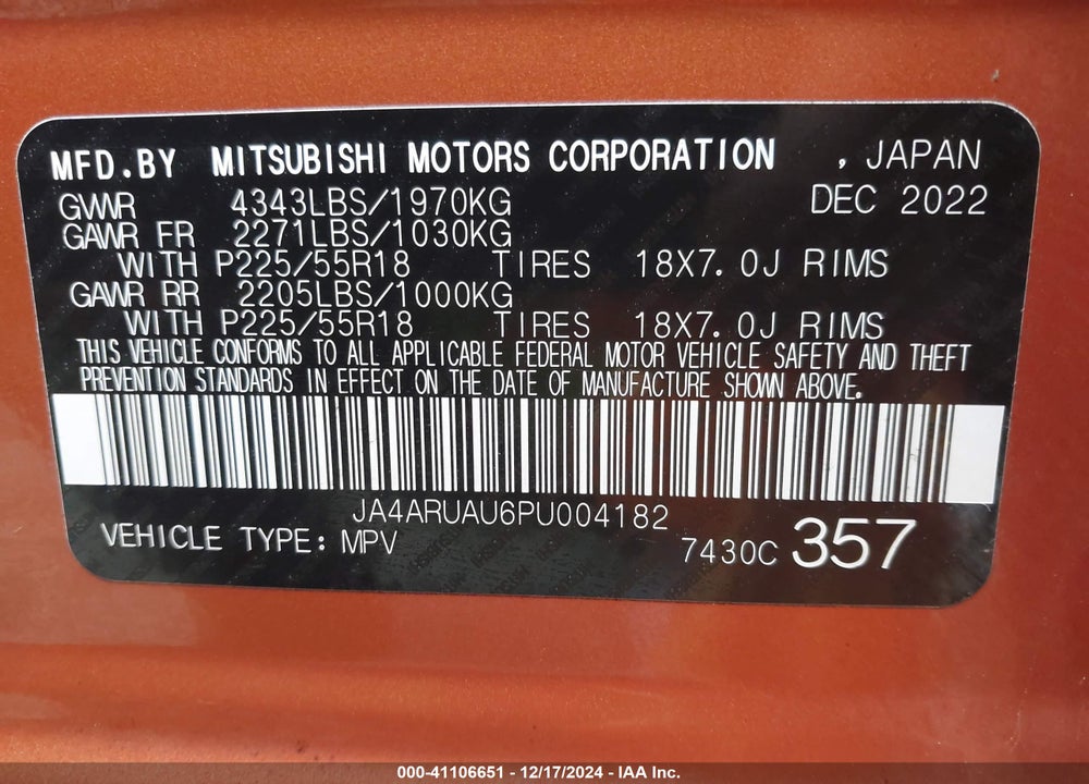 2023 MITSUBISHI OUTLANDER SPORT 2.0 ES /2.0 LE /2.0 RALLIART /2.0 S /2.0 SE VIN: JA4ARUAU6PU004182
