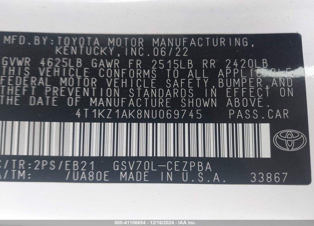 2022 TOYOTA CAMRY VIN: 4T1KZ1AK8NU069745