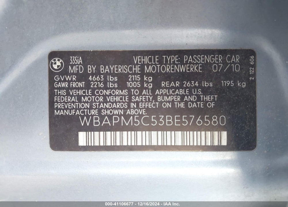 2011 BMW 335I VIN: WBAPM5C53BE576580