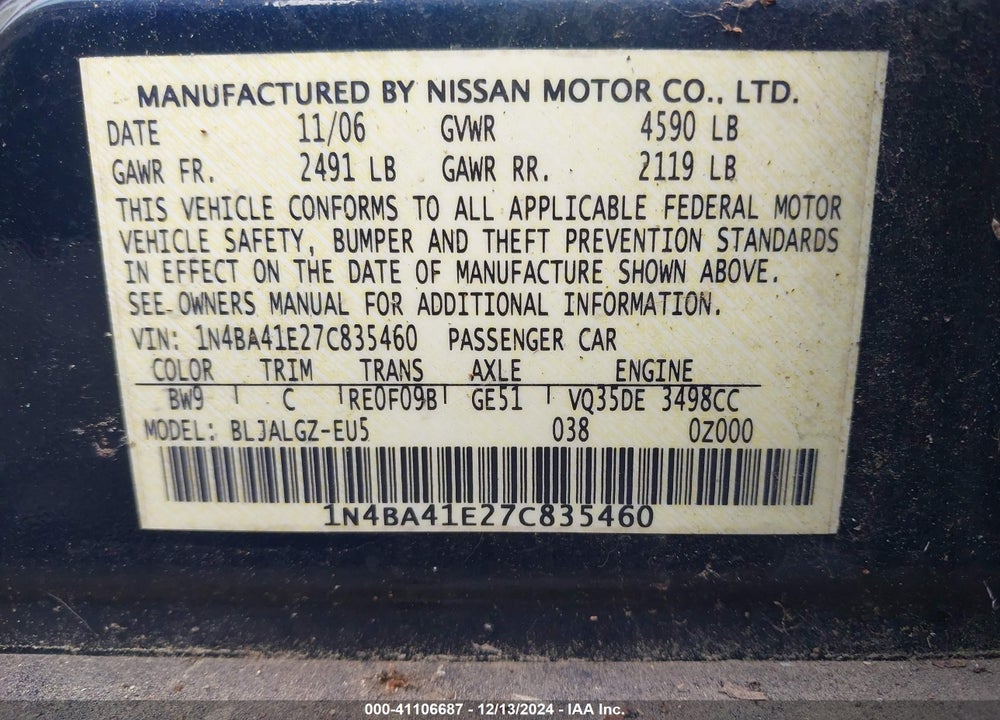 2007 NISSAN MAXIMA 3.5 SL VIN: 1N4BA41E27C835460
