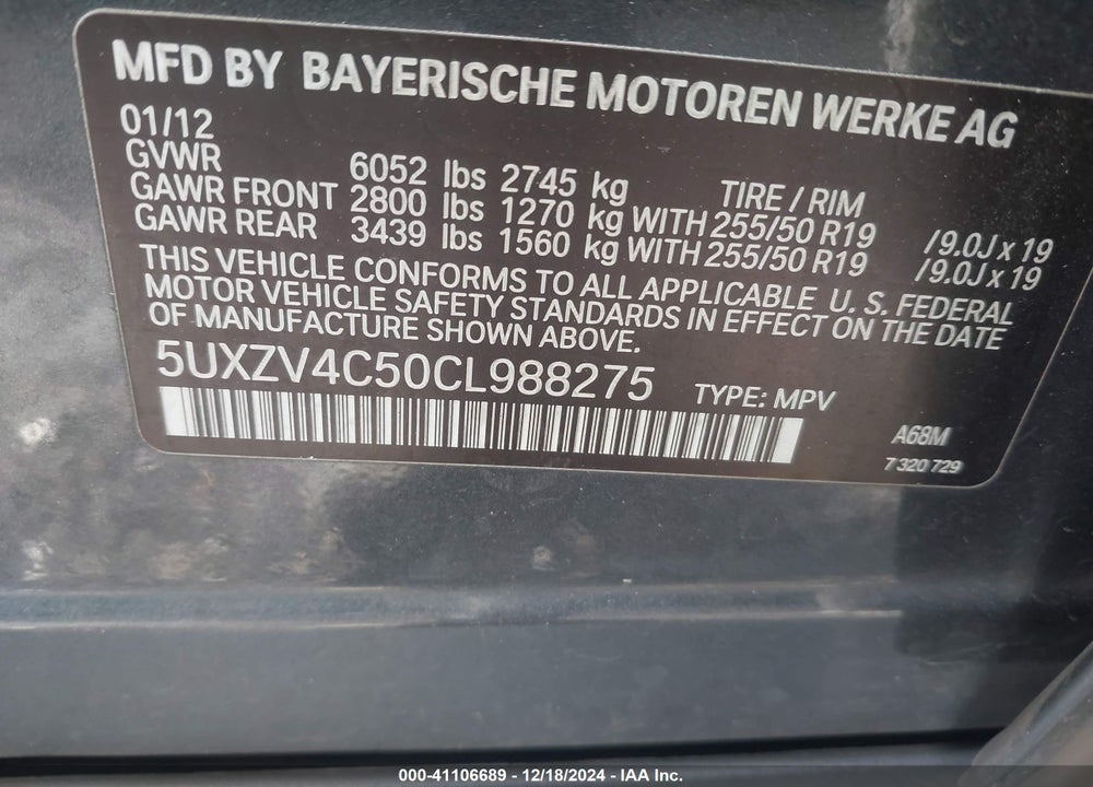 2012 BMW X5 XDRIVE35I/XDRIVE35I PREMIUM/XDRIVE35I SPORT ACTIVITY VIN: 5UXZV4C50CL988275