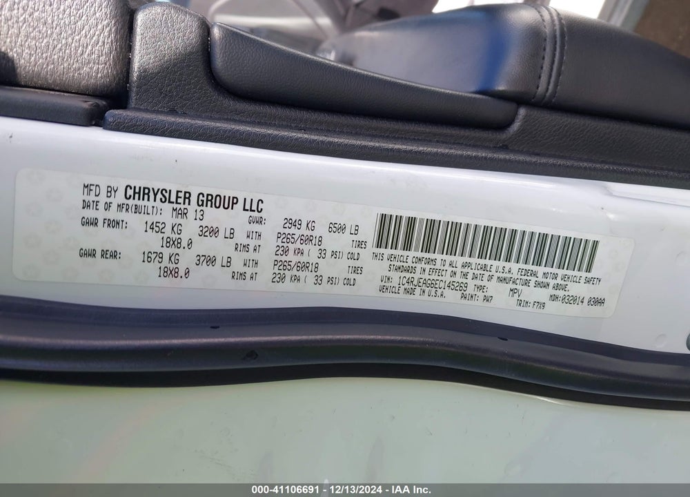 2014 JEEP GRAND CHEROKEE LAREDO VIN: 1C4RJEAG6EC145269