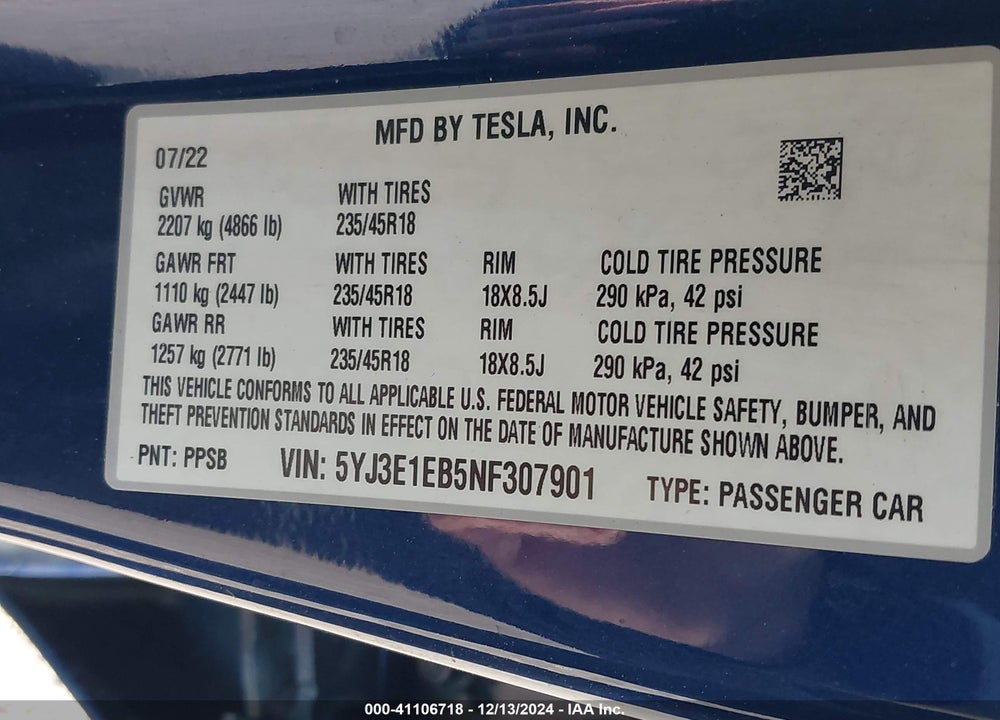2022 TESLA MODEL 3 VIN: 5YJ3E1EB5NF307901