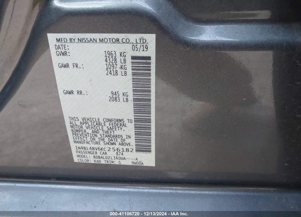 2019 NISSAN ALTIMA 2.5 S VIN: 1N4BL4BV6KC256182