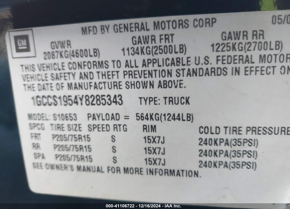2000 CHEVROLET S-10 LS VIN: 1GCCS1954Y8285343