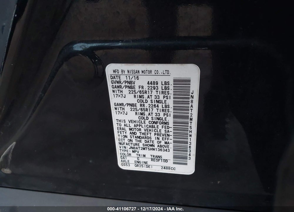 2017 NISSAN ROGUE SV VIN: JN8AT2MT5HW136343