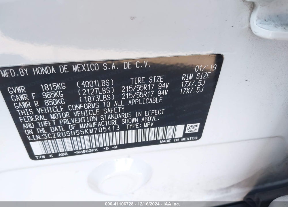 2019 HONDA HR-V EX VIN: 3CZRU5H55KM705413