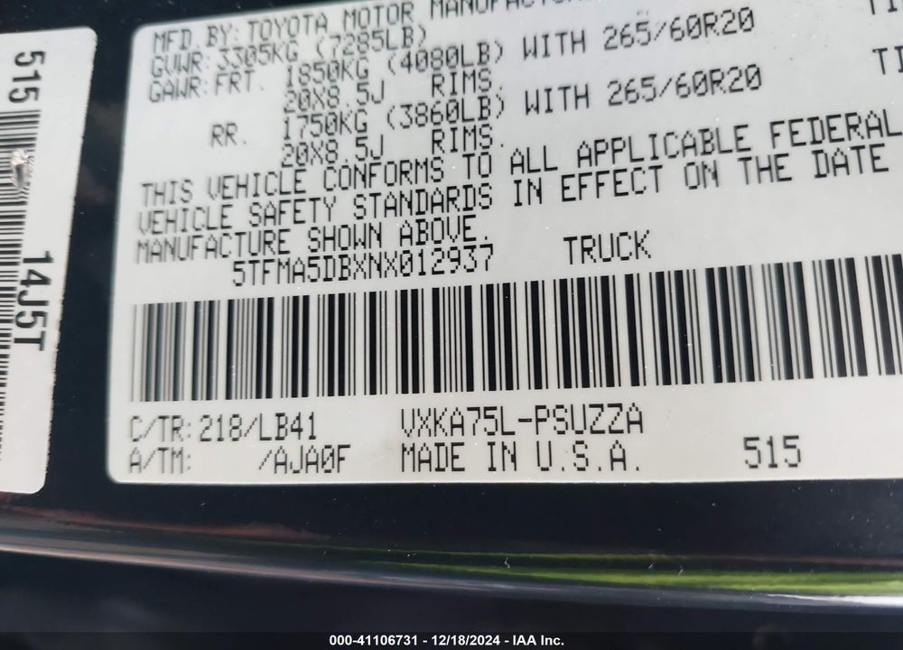 2022 TOYOTA TUNDRA VIN: 5TFMA5DBXNX012937