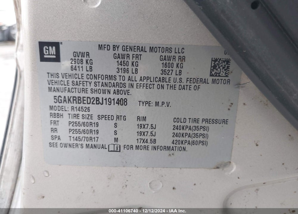 2011 BUICK ENCLAVE 1XL VIN: 5GAKRBED2BJ191408